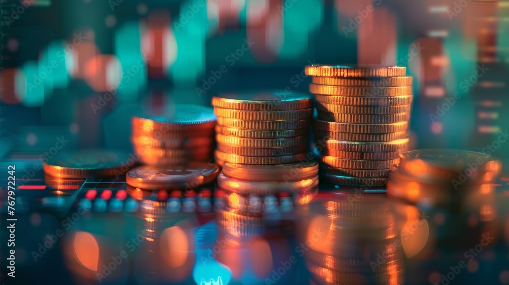 Poster double exposure of coin stack with finance graph and chart for business and investment concept.
