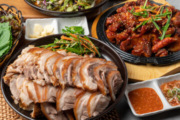 Korean food, pig's feet, pork, bossam, lettuce, perilla leaves, spicy, garlic, pepper, salted...
