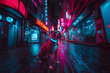 a dog with a glow collar in the night city
