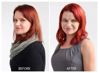 Transformation, hair and portrait for woman, red and style, keratin treatment for wash. Model,...