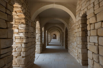 A corridor of width about 6 feet and length about 25 feet, one wall made of glass and other wall made of stone, stone wall