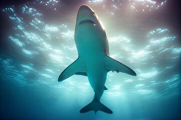 A great white shark swims in the ocean, view from below. 