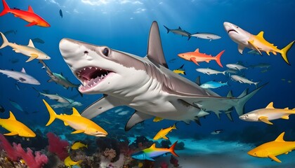 A Hammerhead Shark Surrounded By A Shoal Of Colorf - obrazy, fototapety, plakaty