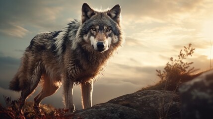 A wolf standing on a rocky hillside, looking out over the landscape