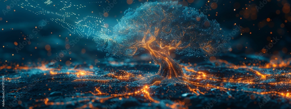 Aufkleber a glowing, digital tree whose roots and branches are shaped like keys and locks, illustrating the or