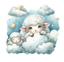 Watercolor sheep lie on the clouds. Children's illustration