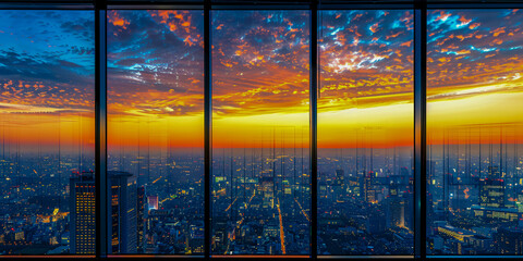 Sunset Over City Skyline, Urban Panorama with Twilight Glow, Architectural Beauty