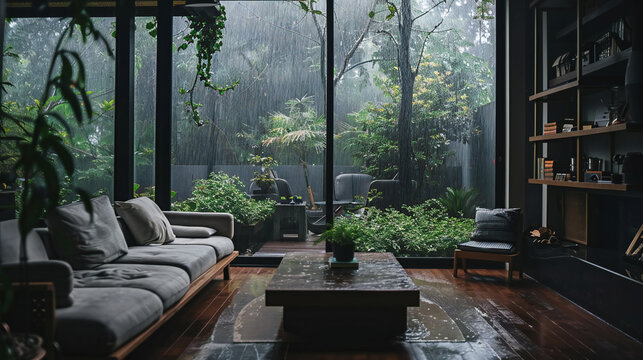 cozy rainy day at home. Cozy apartment bedroom with big window