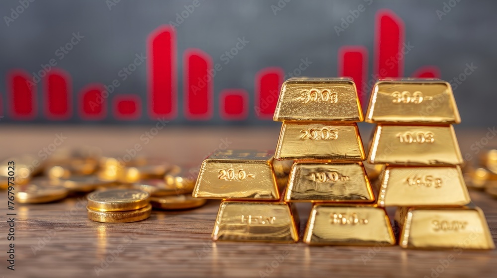 Poster gold bars stacks and red graph chart falling down on wooden background copy space.