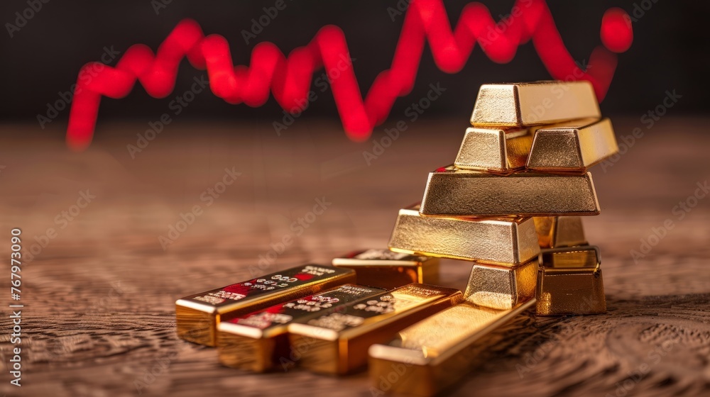 Poster gold bars stacks and red graph chart falling down on wooden background copy space.