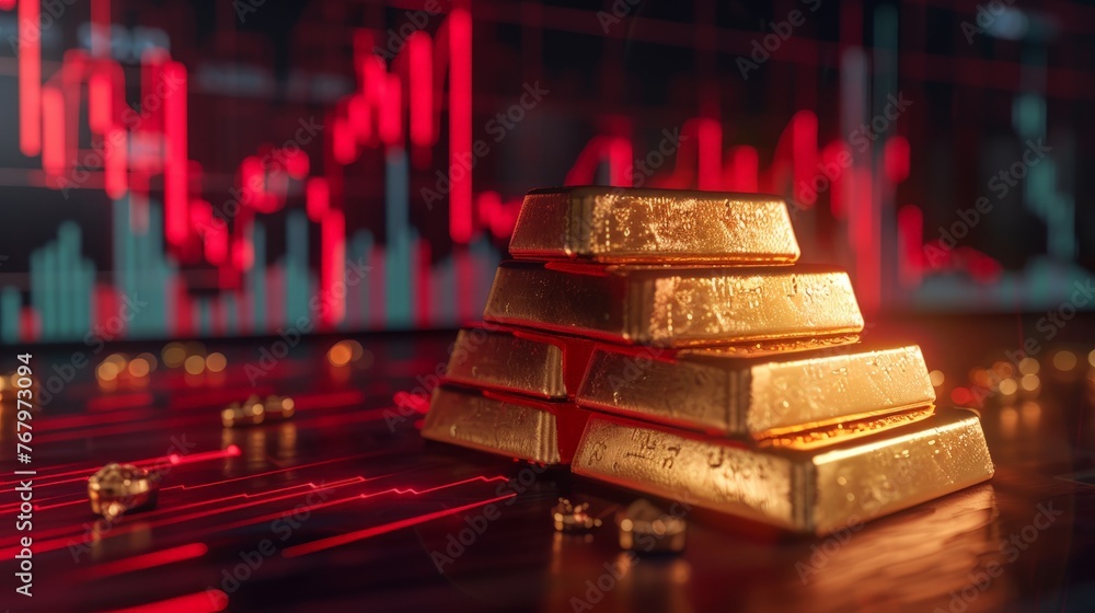 Poster gold bars stacks and red graph chart falling down on wooden background copy space.