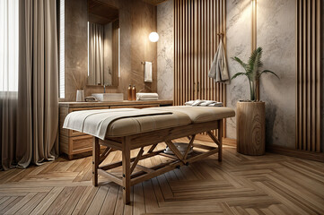 a wooden massage table in a massage room  towels, sink and mirror, soft, light brown and gray, 3D illustration scene, spa
