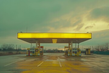 The city's skyline loomed above the gas station, casting shadows over the yellow pumps during the day