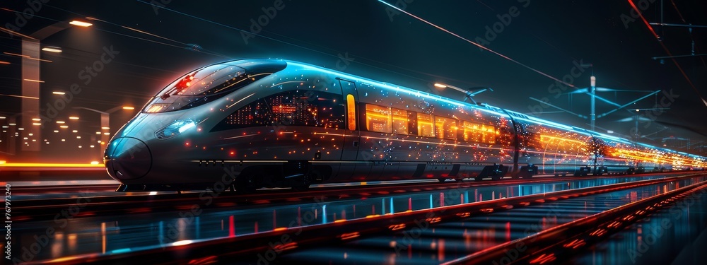 Poster a high-speed digital train, shielded by genai technologies, representing fast, secure data transmiss
