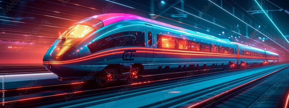 Poster a high-speed digital train, shielded by genai technologies, representing fast, secure data transmiss