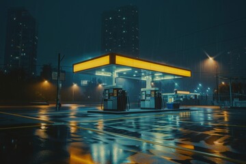 There's something oddly comforting about the buzz of activity at a gas station at night, especially with the yellow neon lights - obrazy, fototapety, plakaty