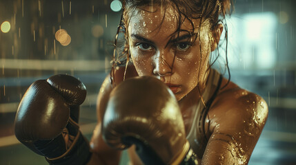 Engage with the intensity of a close-up boxer, her focused eyes concealed by black gloves, revealing beads of sweat and unwavering determination. - obrazy, fototapety, plakaty