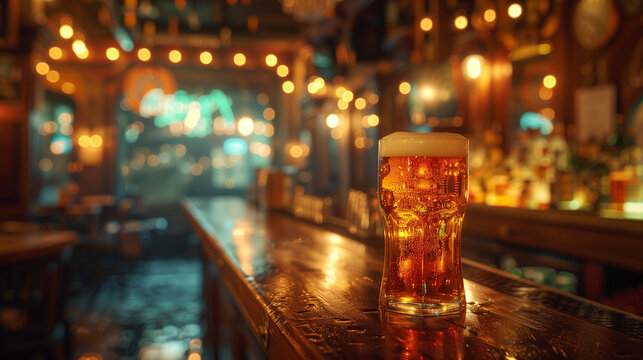Step into a cozy atmosphere with this image of a cold beer glass on a table, accented by the soft bokeh lights emanating from the bar's interior, creating an inviting vibe.