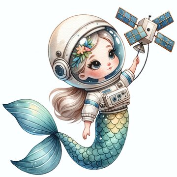 Mermaid Astronaut Deploying a Satellite - Blending the enchantment of mermaids with space exploration as a mermaid astronaut deploys a satellite