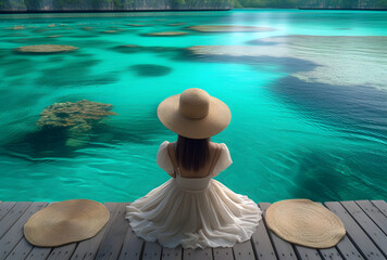 a woman sitting on a dock looking out over water - obrazy, fototapety, plakaty