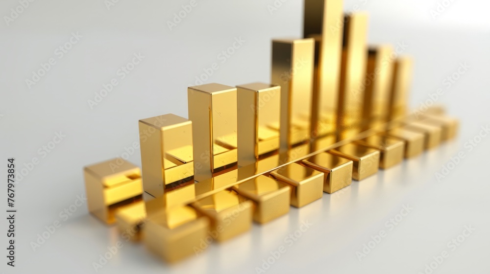 Poster golden business bar graph perspcetive in rendering on white background.