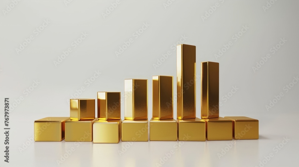 Poster golden business bar graph perspcetive in rendering on white background.