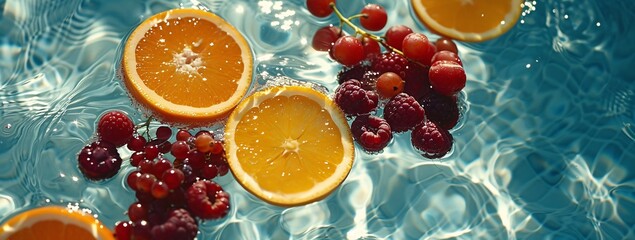 Summer Fruits Afloat in Shimmering Pool. Orange slices and berries floating in sunlit, glistening...