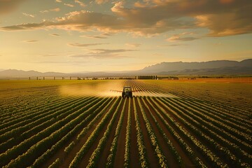 Protecting Spring Soybean Crops: A Tractor Sprays Pesticides to Ward Off Pests and Diseases. Concept Agriculture, Spring Crops, Pesticides, Pest Control, Farming - obrazy, fototapety, plakaty