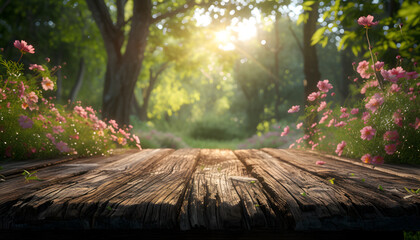 a wooden table in a forest - obrazy, fototapety, plakaty