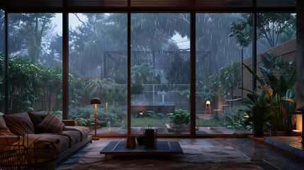 cozy rainy day at home. Cozy apartment bedroom with big window - obrazy, fototapety, plakaty