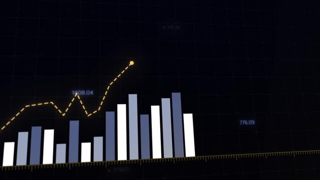 Engaging animation of market trends with rising and falling crypto trade values, showcasing real-time increase and decrease in profit and expenses through dynamic blue and orange line diagrams.