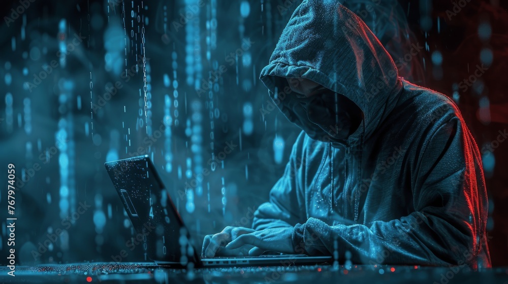 Poster man in hooded jacket using laptop computer