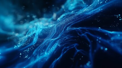 Abstract blue waves with floating particles convey a sense of fluid motion and digital connectivity.