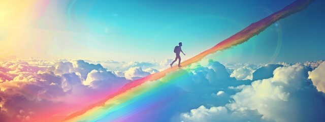 A joyful sprint across a bridge made of rainbows, connecting islands in the sky. - obrazy, fototapety, plakaty