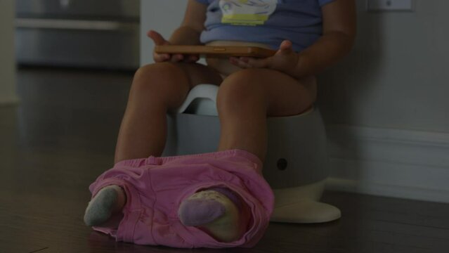 Toddler girl watching smart phone while learning to potty - hand held shot