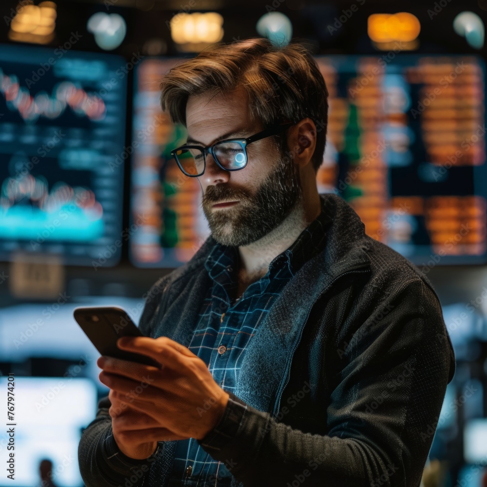Poster Male trader investor broker crypto analyst holding smartphone in hand analyzing stock market trading charts indexes data checking price using mobile