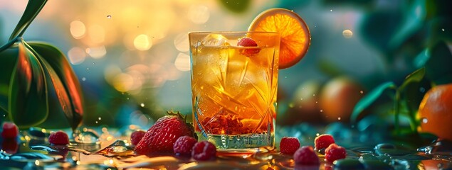 A glass of refreshing fruit juice adorned with a vibrant orange slice, set against a magical...