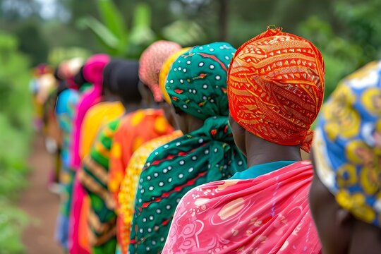 African women in vibrant outfits queue at a rural health clinic for cancer screenings. Concept Healthcare Access, Cancer Screening, Women Empowerment, Rural Communities, African Culture,