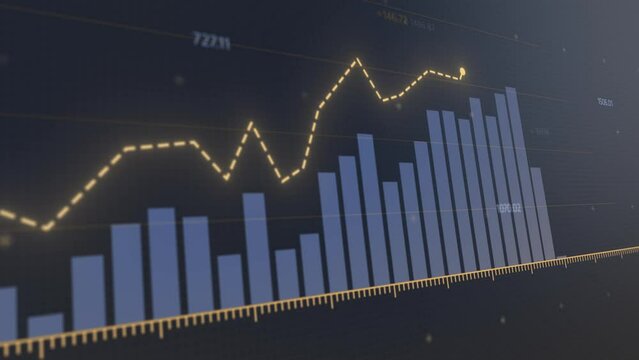 Dynamic market analysis animation: Detailed crypto trade graph with rising profits and decreasing expenses, illustrated with vibrant blue and yellow 