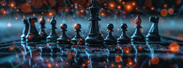 A knight chess piece standing guard on a digital board, symbolizing strategic defense planning in cybersecurity. - obrazy, fototapety, plakaty