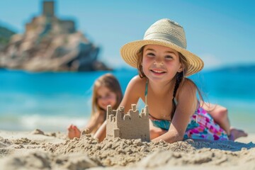 Little girl is building a sandcastle on the beach