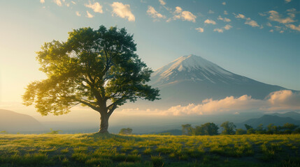 Early morning light bathes a green tree and the slopes of Mount Fuji, creating a serene and...