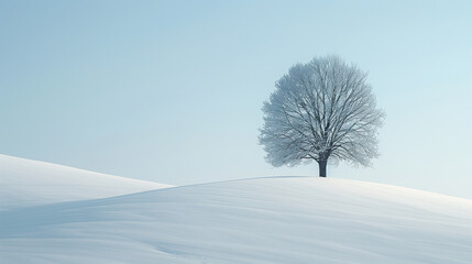 A lone tree standing in a snow-covered landscape, its branches etched with snow, atop the gentle slope of a pristine snowy hill.