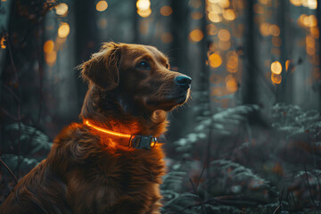 a dog with a glow collar in the dark forest