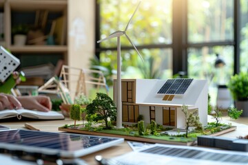 modern building and wind turbine model, solar panels on desk,using natural energy concept.