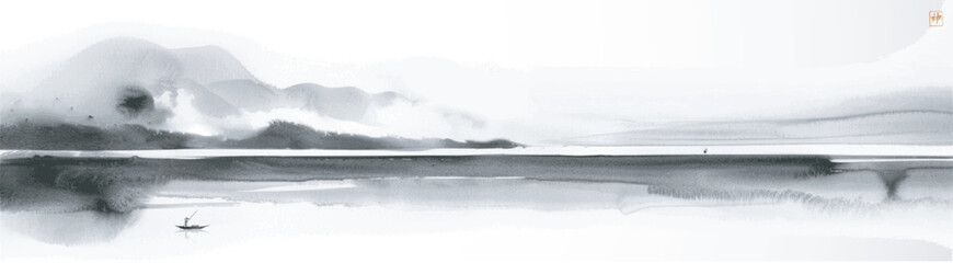 Ink wash painting of panorama with a lone fisherman on calm waters and distant mountains. Traditional oriental ink painting sumi-e, u-sin, go-hua. Hieroglyph - spirit - obrazy, fototapety, plakaty