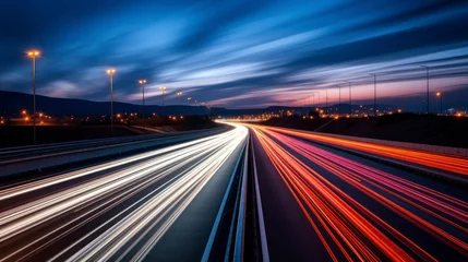 Foto op Plexiglas Snelweg bij nacht Car light trails on the road at night. Long exposure