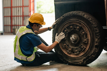 
Factory accident Car wheel hits employee's leg Call an emergency for quick treatment. - 767975040