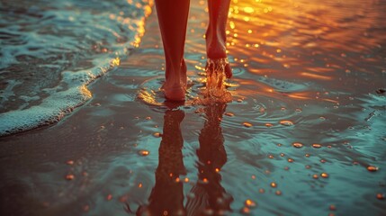 sea summer, woman legs bare foot walk sand beach make sea water splashes. seaside in evening light. girl tourist on summer vacation on tropical island resort, back view