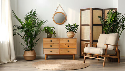 New interior of living room with comfortable armchair, chest of drawers, folding screen and houseplants